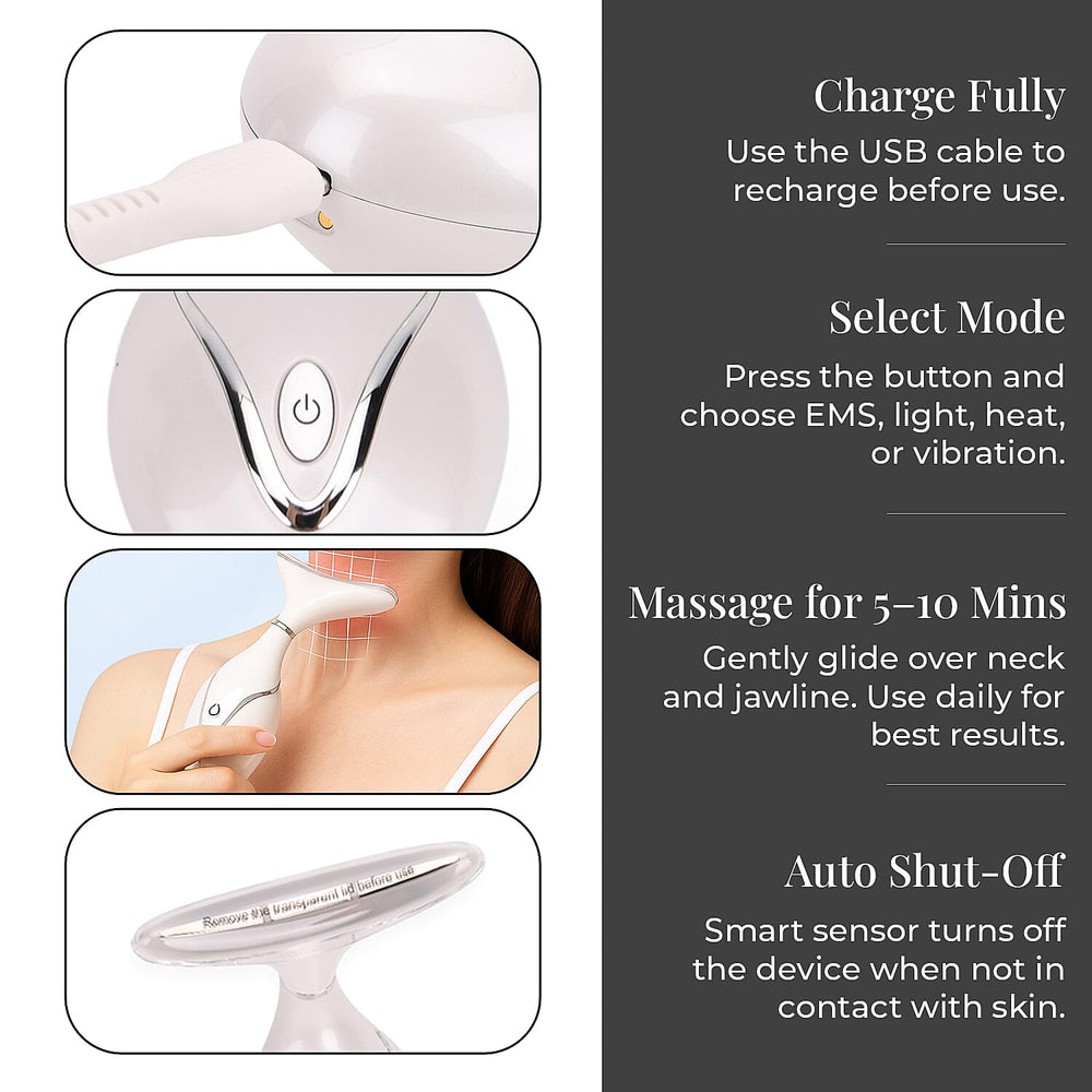 BEAUTECH Neck Massager- 6-in-1 Therapy with EMS, Red-Blue-Green Light, Heating, Vibration, & Intelligent Sensor - White