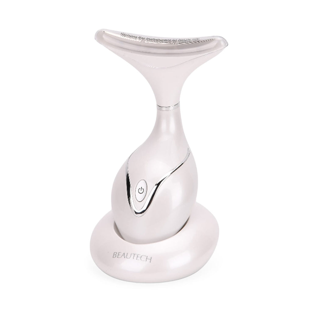 BEAUTECH Neck Massager- 6-in-1 Therapy with EMS, Red-Blue-Green Light, Heating, Vibration, & Intelligent Sensor - White