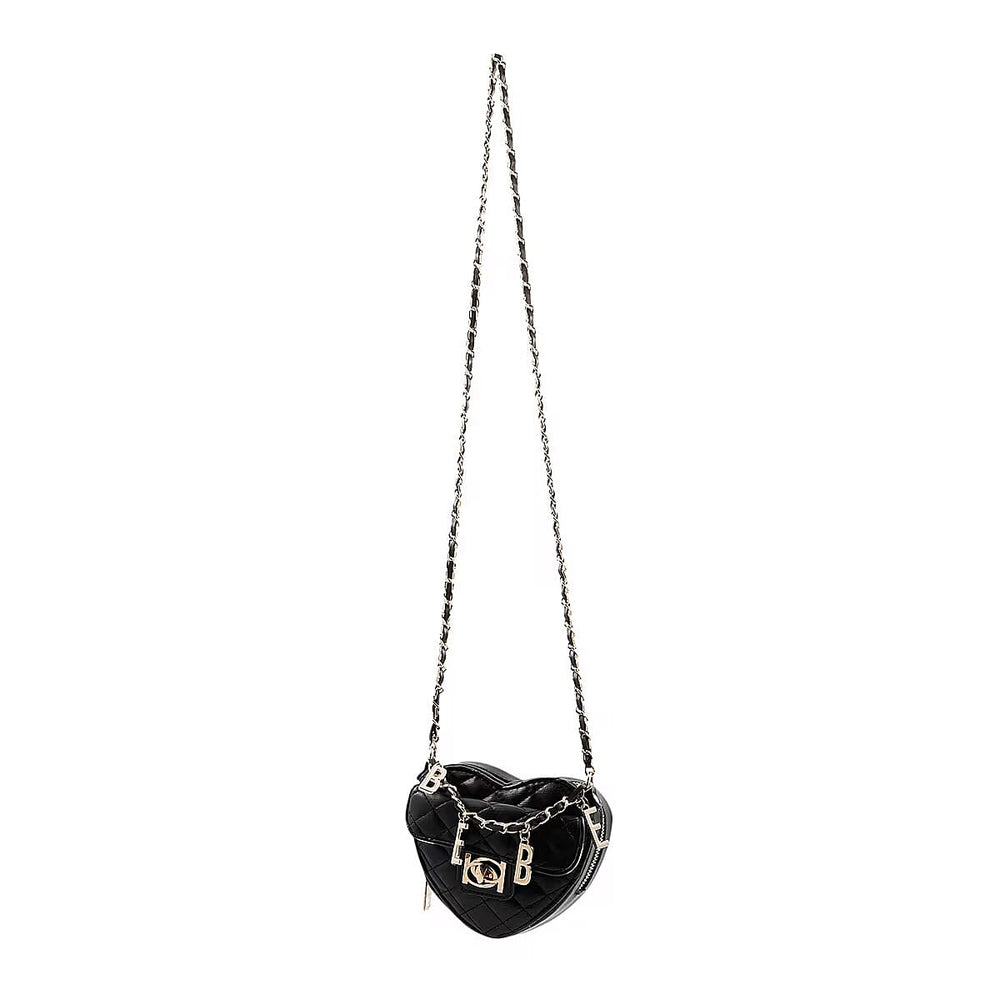 BEBE Vegan Leather Heart Quilted Crossbody with Chain Strap - Gold Toned Bebe Hardware - Black