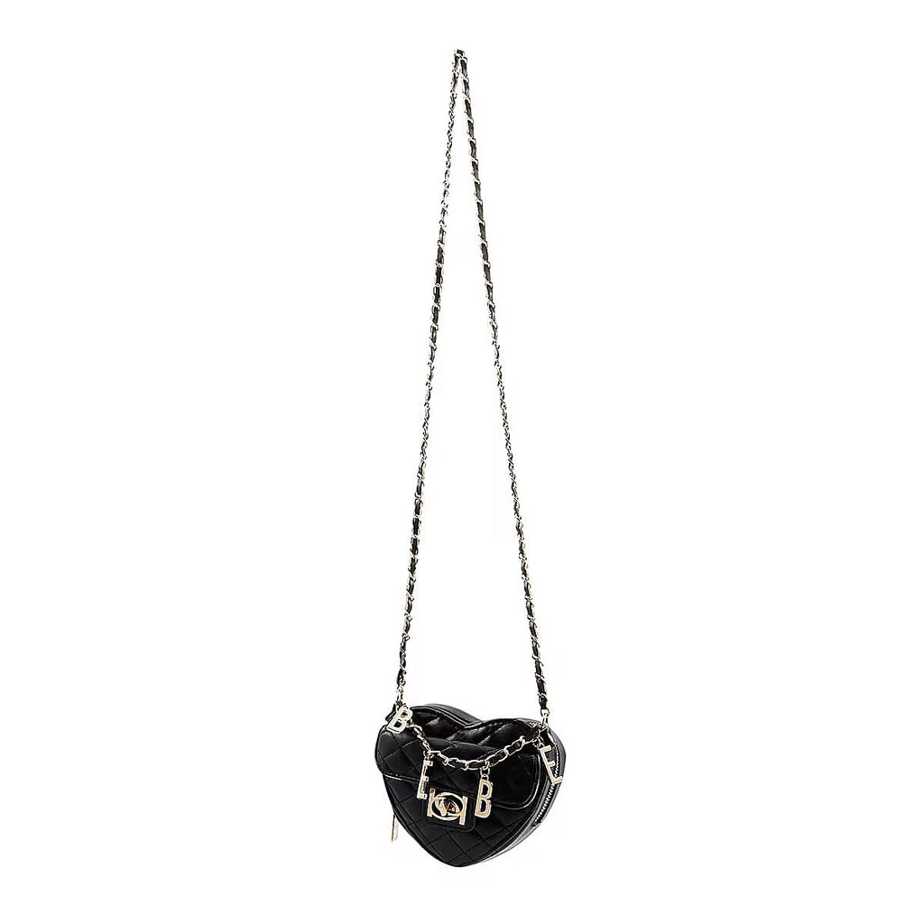 BEBE Vegan Leather Heart Quilted Crossbody with Chain Strap - Gold Toned Bebe Hardware - Black