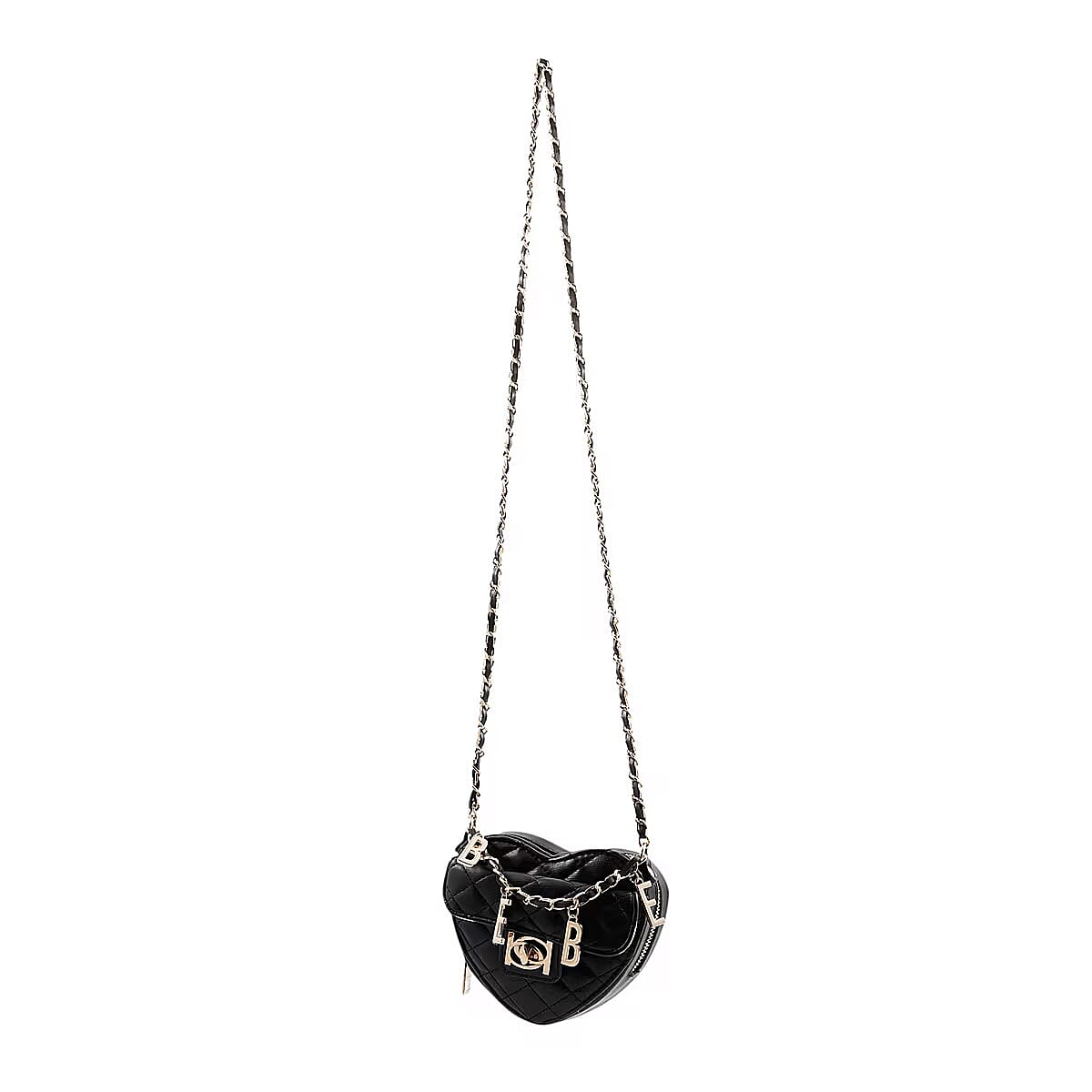 BEBE Vegan Leather Heart Quilted Crossbody with Chain Strap - Gold Toned Bebe Hardware - Black