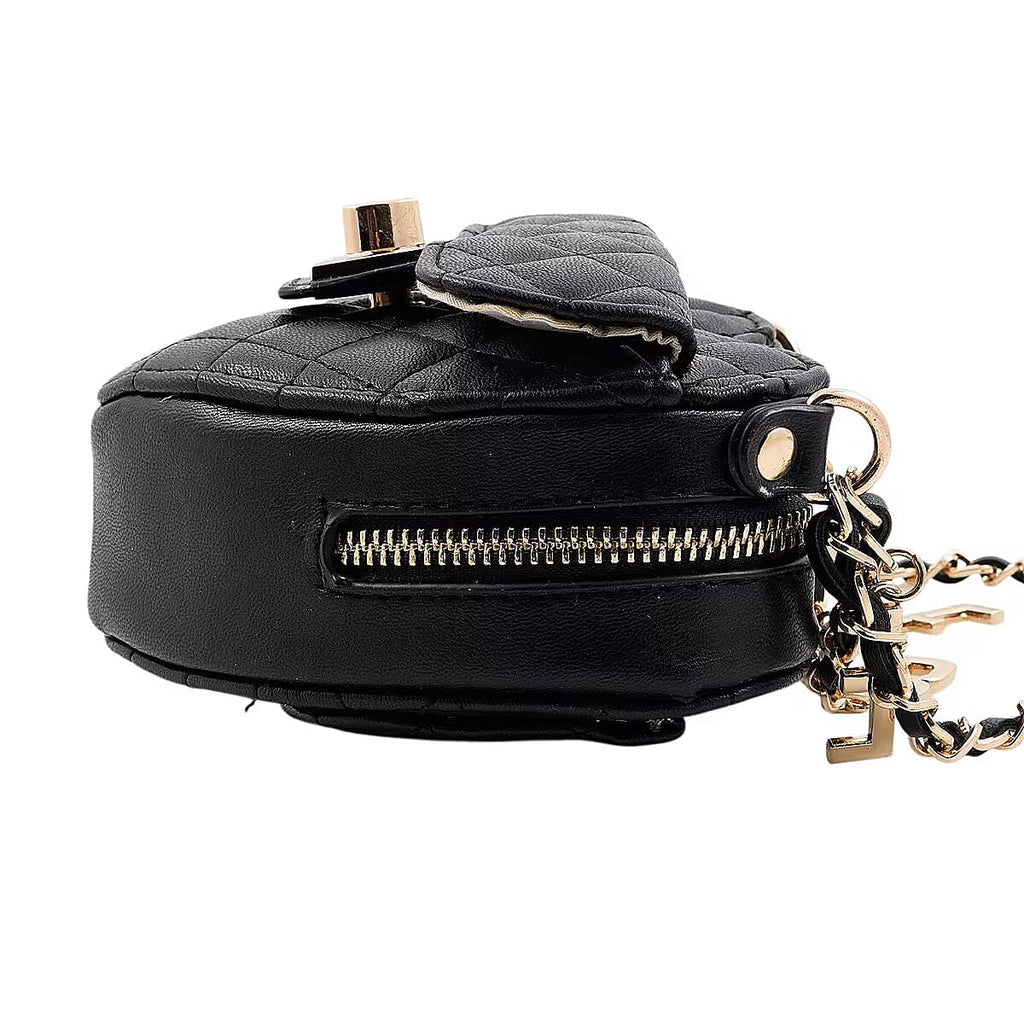 BEBE Vegan Leather Heart Quilted Crossbody with Chain Strap - Gold Toned Bebe Hardware - Black