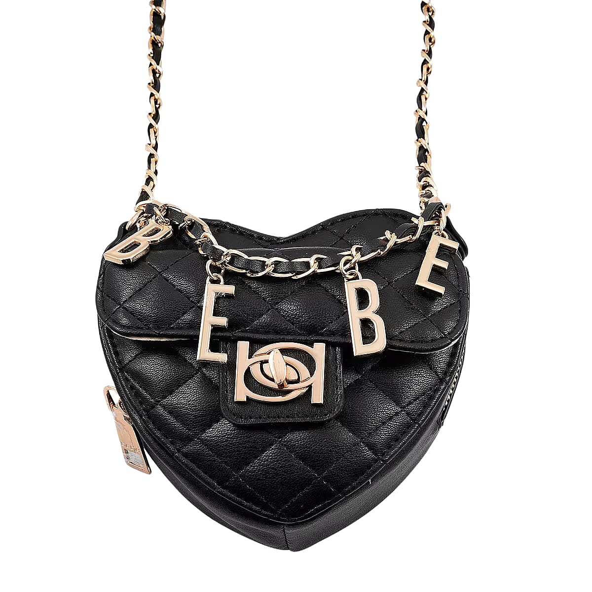 BEBE Vegan Leather Heart Quilted Crossbody with Chain Strap - Gold Toned Bebe Hardware -