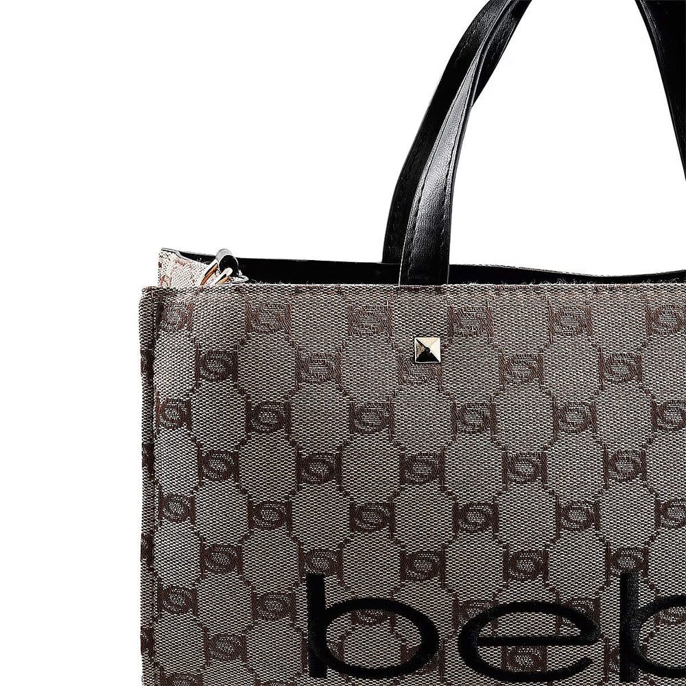The Designer Closeout - BEBE Luxe Everyday Jacquard Tote with Iconic Bebe Logo Pattern - Black