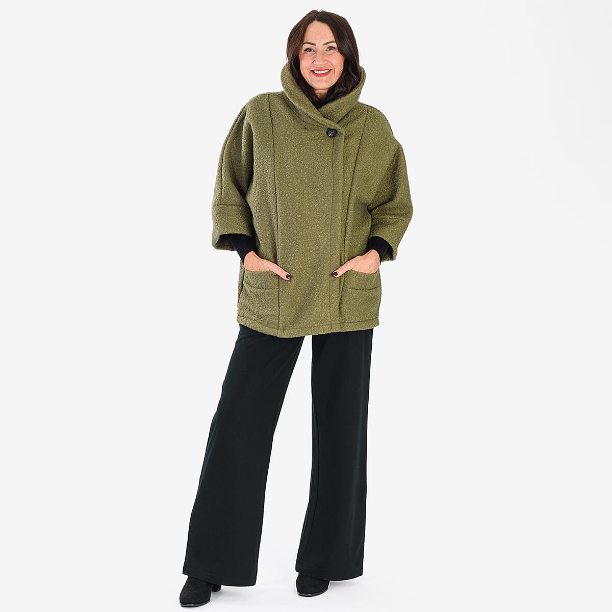 Sugar Crisp Made In Italy One Button Boucle Coat With Pockets (One Size 8 to 22) - Sage