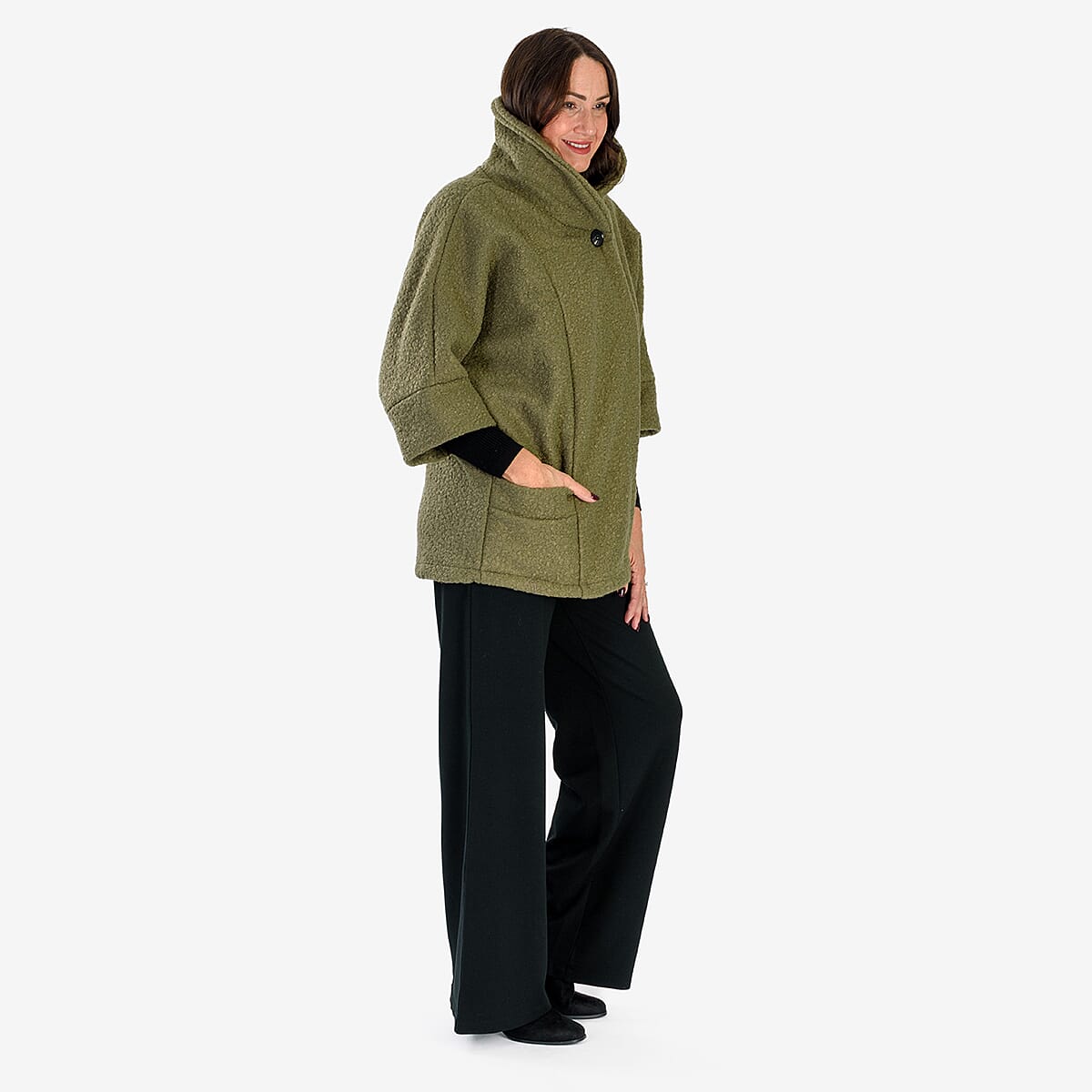 Sugar Crisp Made In Italy One Button Boucle Coat With Pockets (One Size 8 to 22) - Sage
