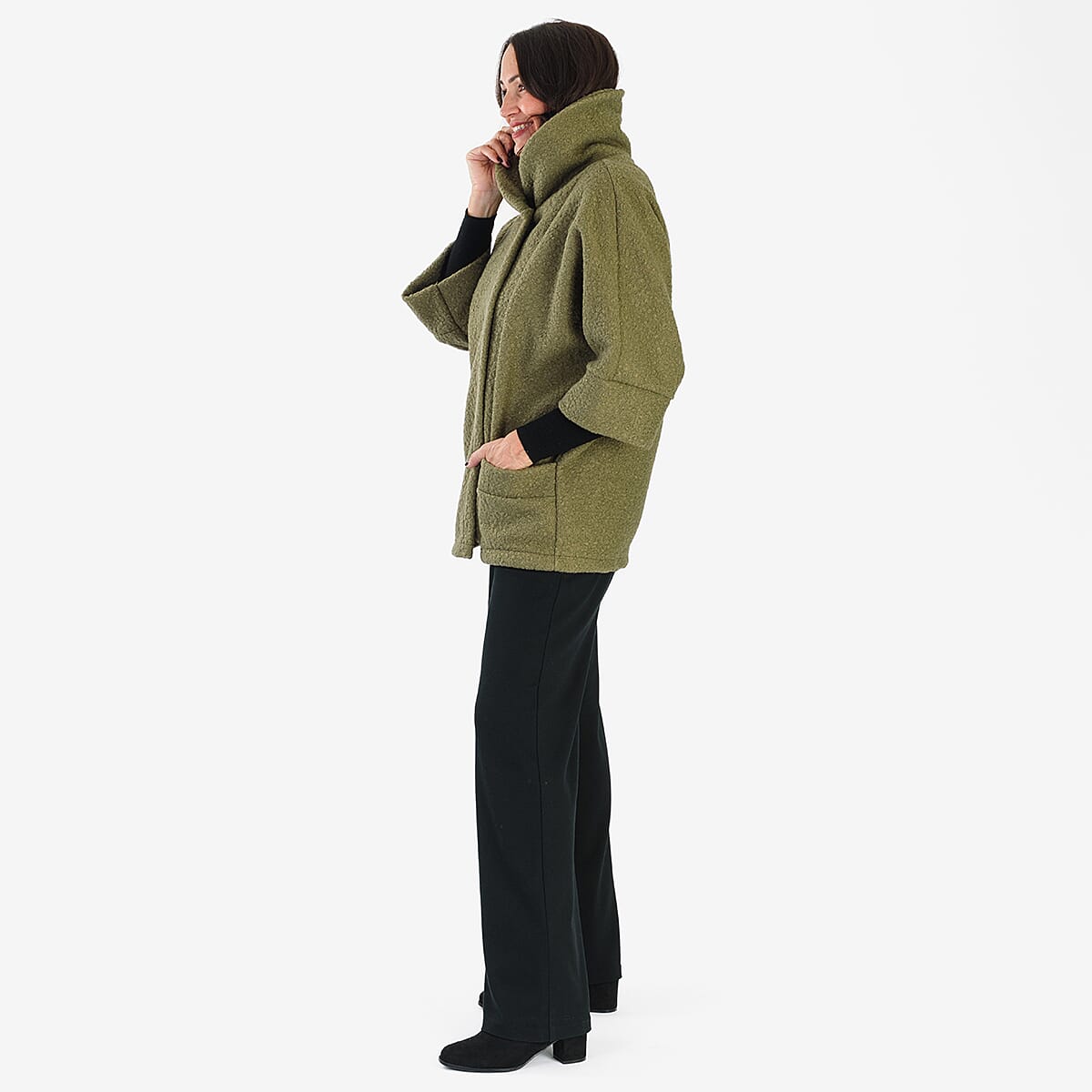 Sugar Crisp Made In Italy One Button Boucle Coat With Pockets (One Size 8 to 22) - Sage