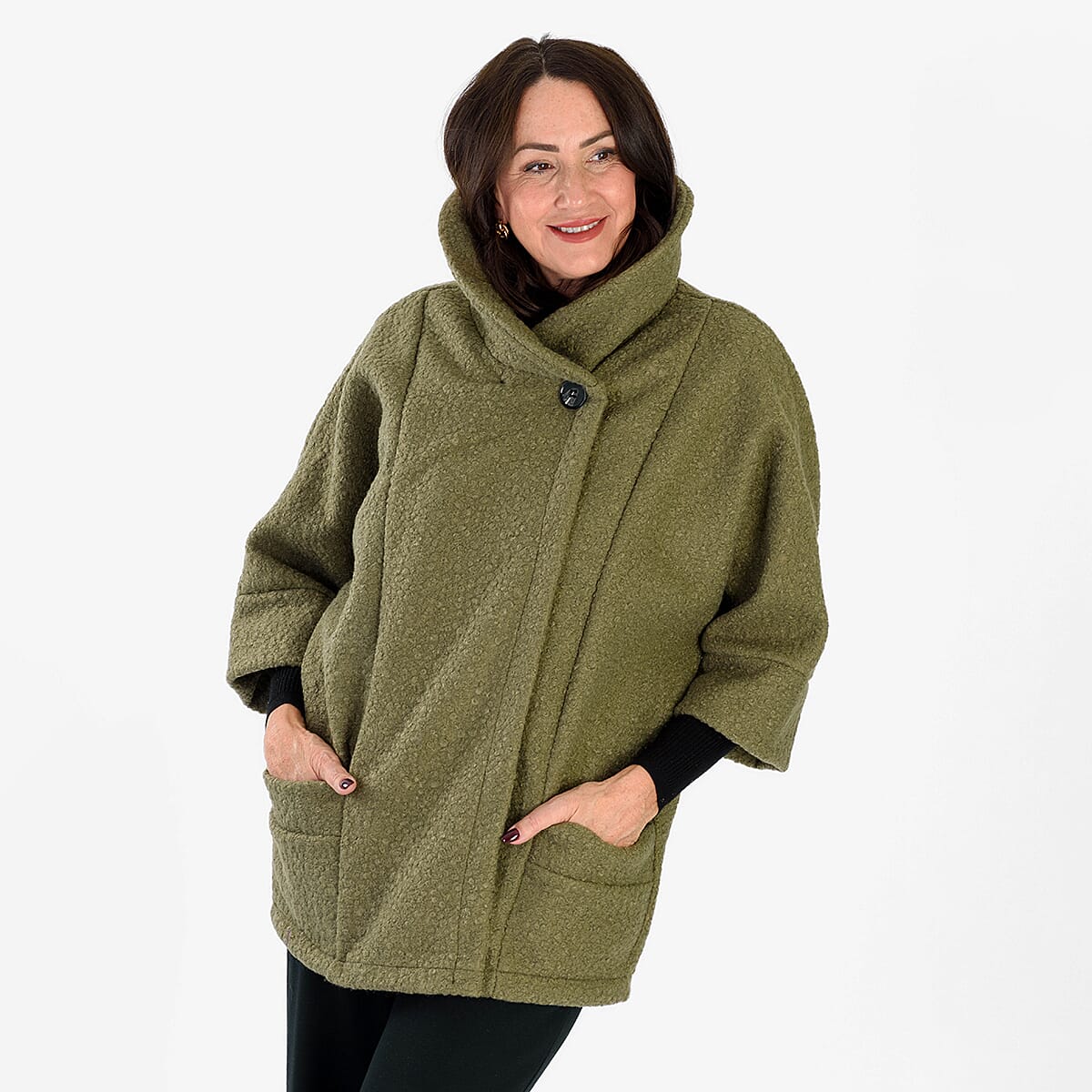 Sugar Crisp Made In Italy One Button Boucle Coat With Pockets (One Size 8 to 22) - Sage