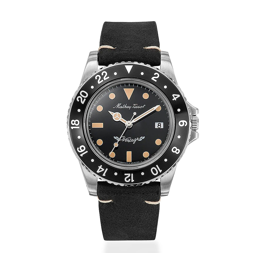 MATHEY TISSOT Mathey Vintage Quartz Ronda 505 Movt 10ATM WR Black Dial Mens Watch with a Brown Leather Strap