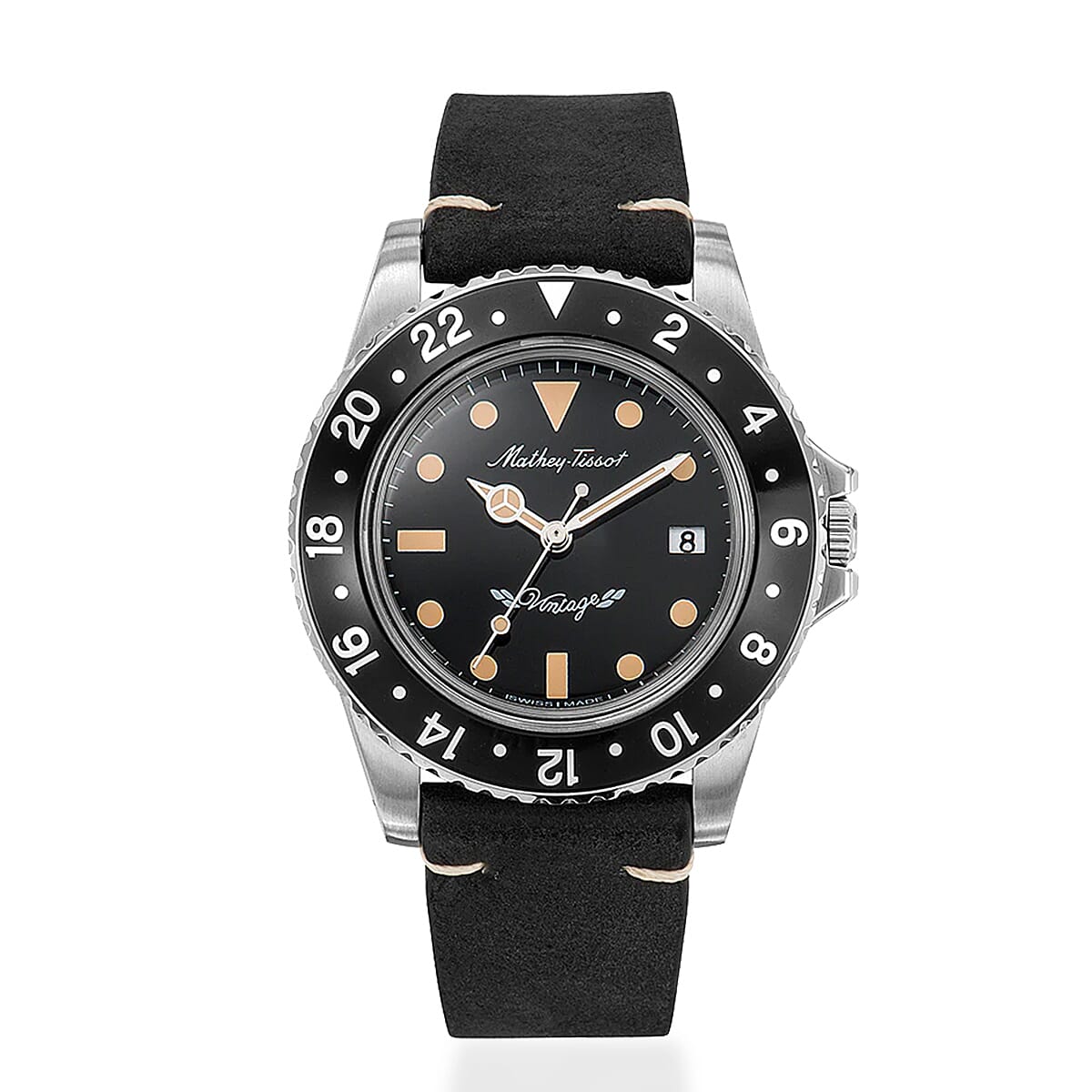 MATHEY TISSOT Mathey Vintage Quartz Ronda 505 Movt 10ATM WR Black Dial Mens Watch with a Brown Leather Strap