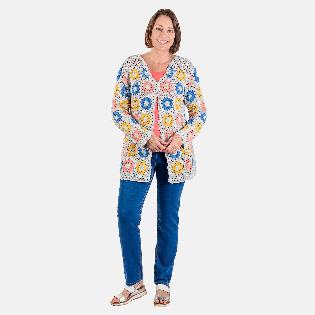 100% Cotton Hand Crochet Cardigan (One Size) - Light Grey and Multi