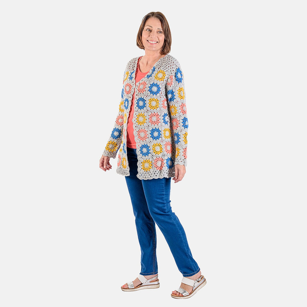 100% Cotton Hand Crochet Cardigan (One Size) - Light Grey and Multi