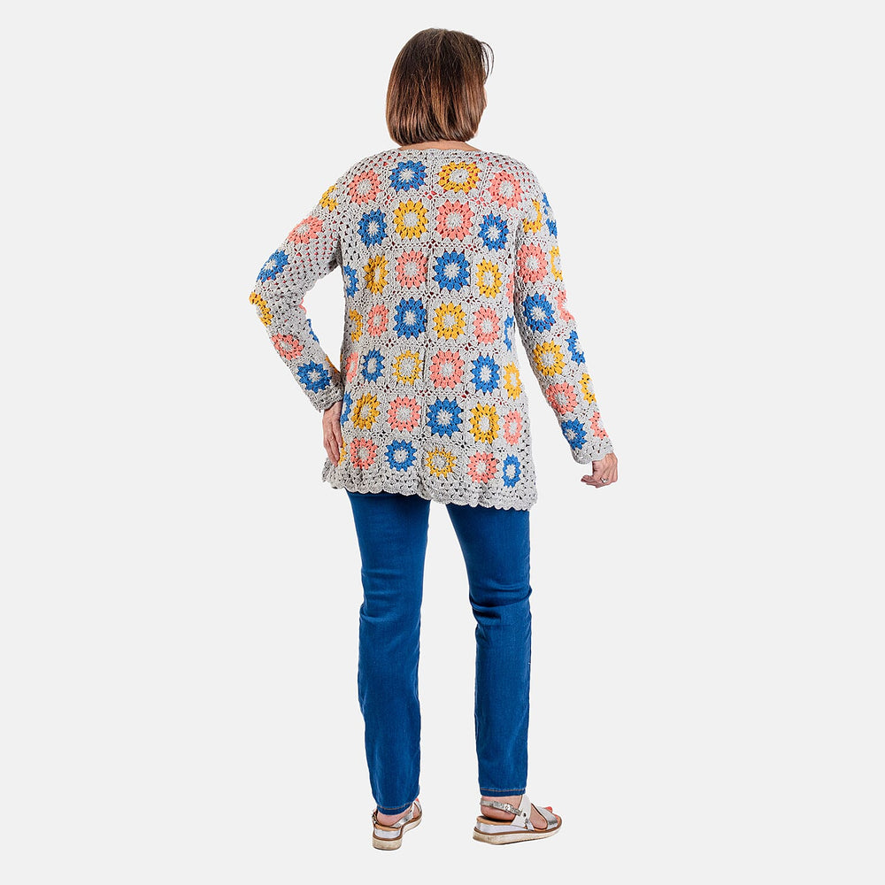 100% Cotton Hand Crochet Cardigan (One Size) - Light Grey and Multi