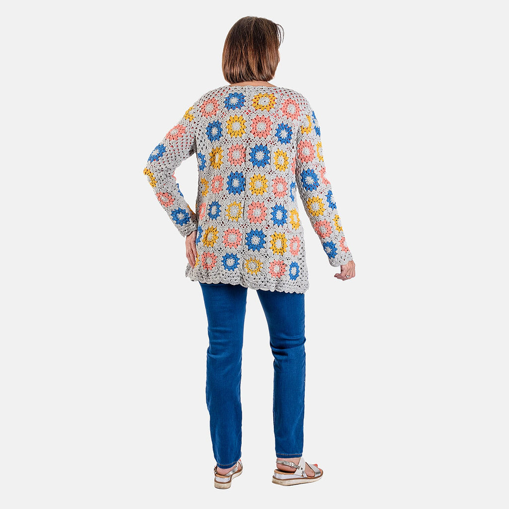 100% Cotton Hand Crochet Cardigan (One Size) - Light Grey and Multi