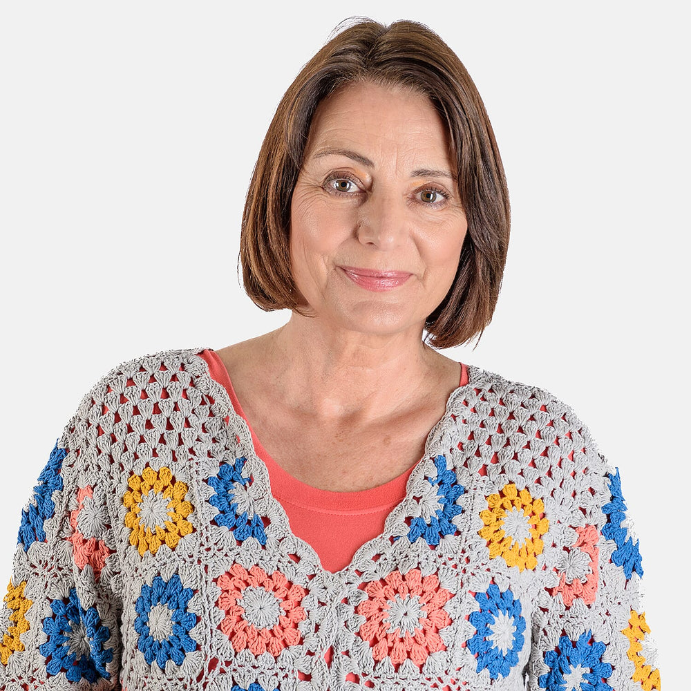 100% Cotton Hand Crochet Cardigan (One Size) - Light Grey and Multi