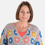 100% Cotton Hand Crochet Cardigan (One Size) - Light Grey and Multi