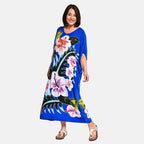 100% Viscose Floral Pattern Maxi Kaftan Dress (Curve Size) - Blue - Multi