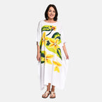 100% Viscose Floral Pattern Kaftan Dress (One Size) - White