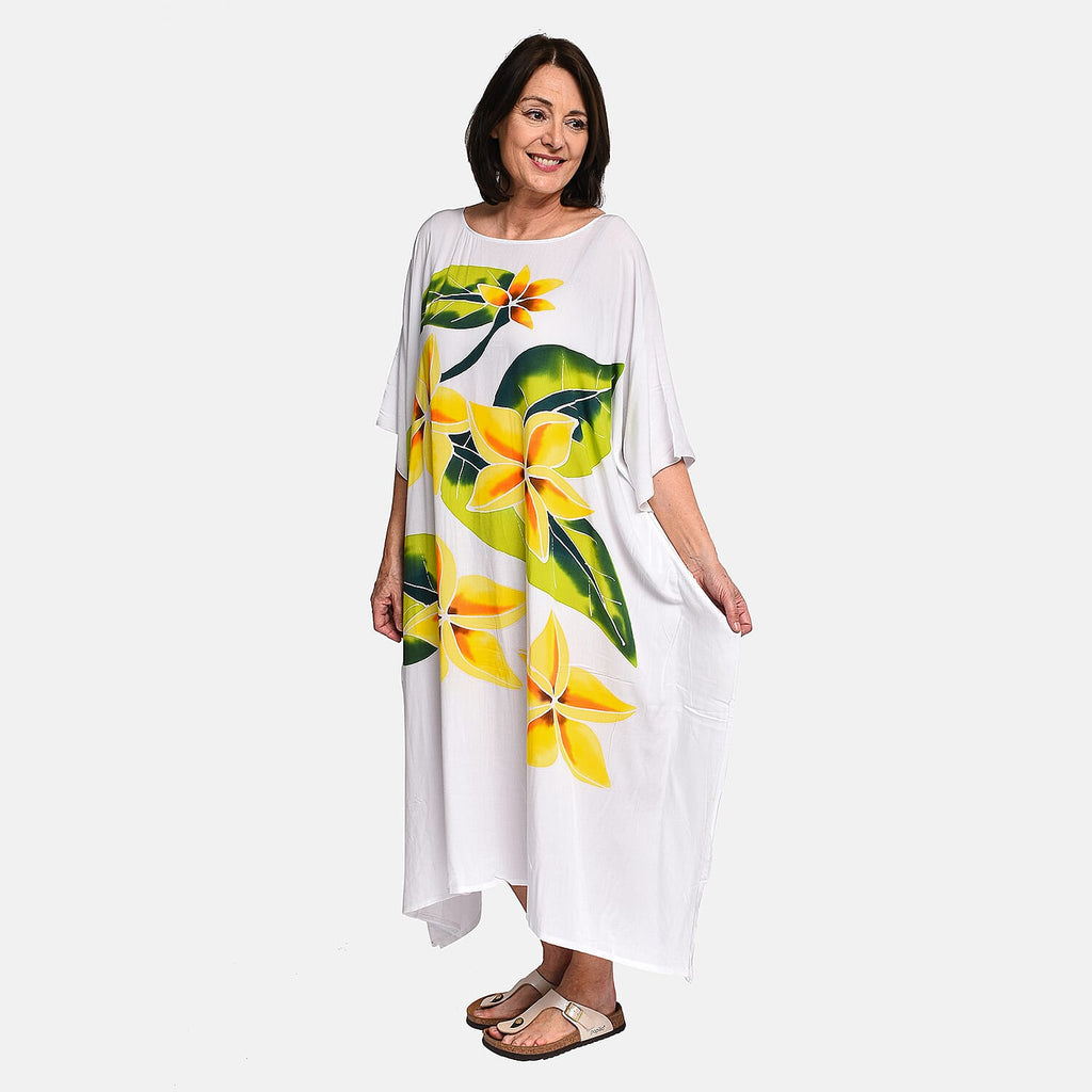 100% Viscose Floral Pattern Kaftan Dress (One Size) - White