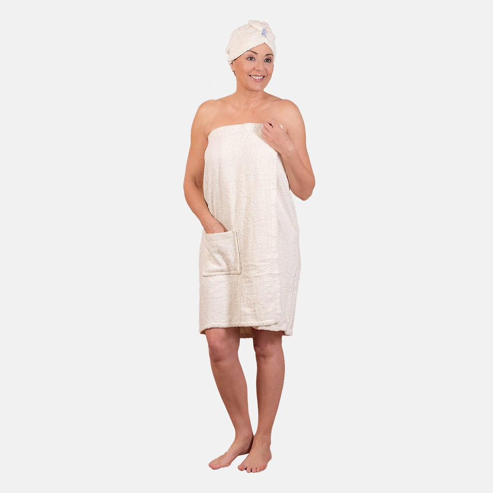 100% Cotton Womens Shower Body Wrap with Hair Cap - Beige