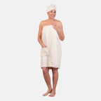 100% Cotton Womens Shower Body Wrap with Hair Cap - Beige