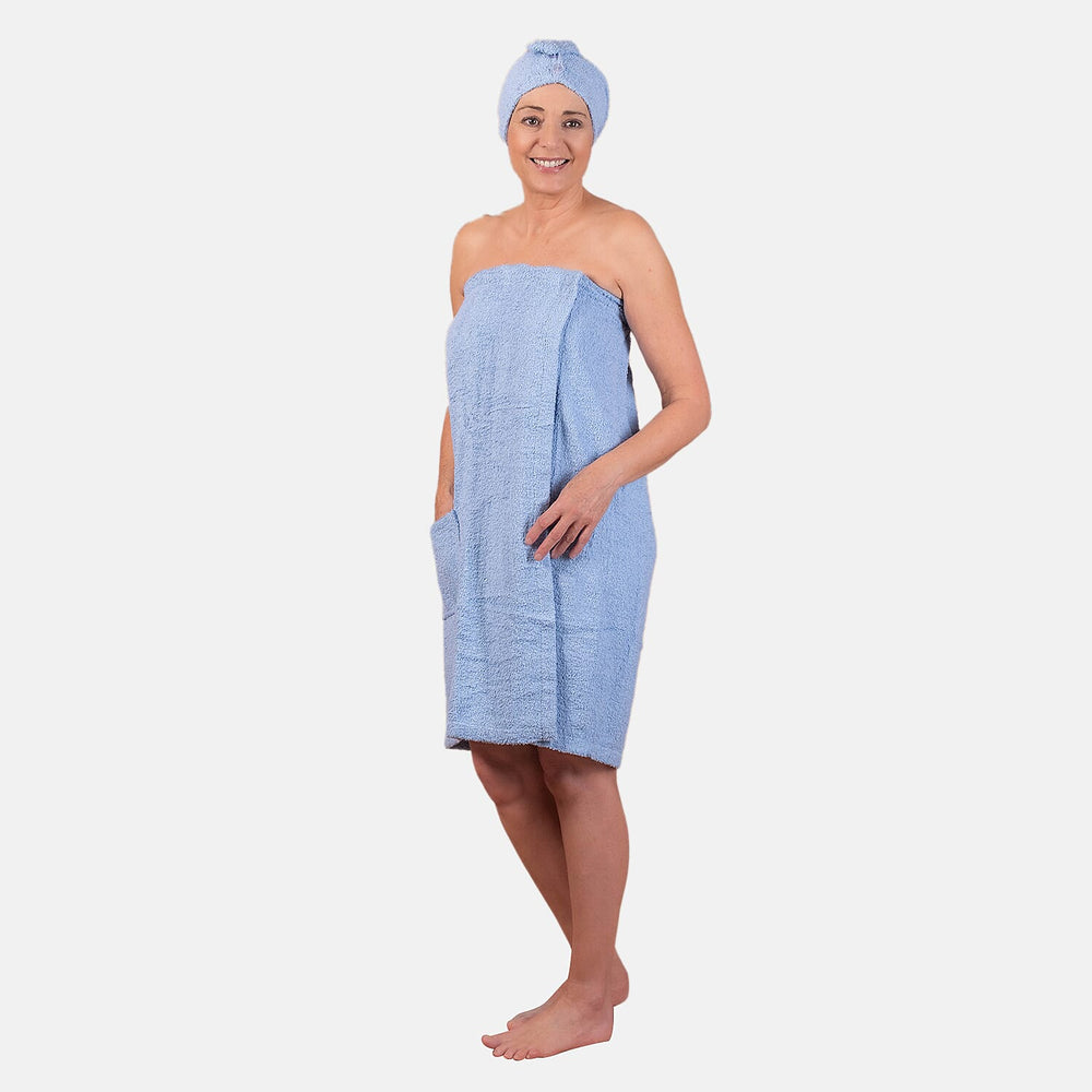 100% Cotton Womens Shower Body Wrap with Hair Cap - Blue