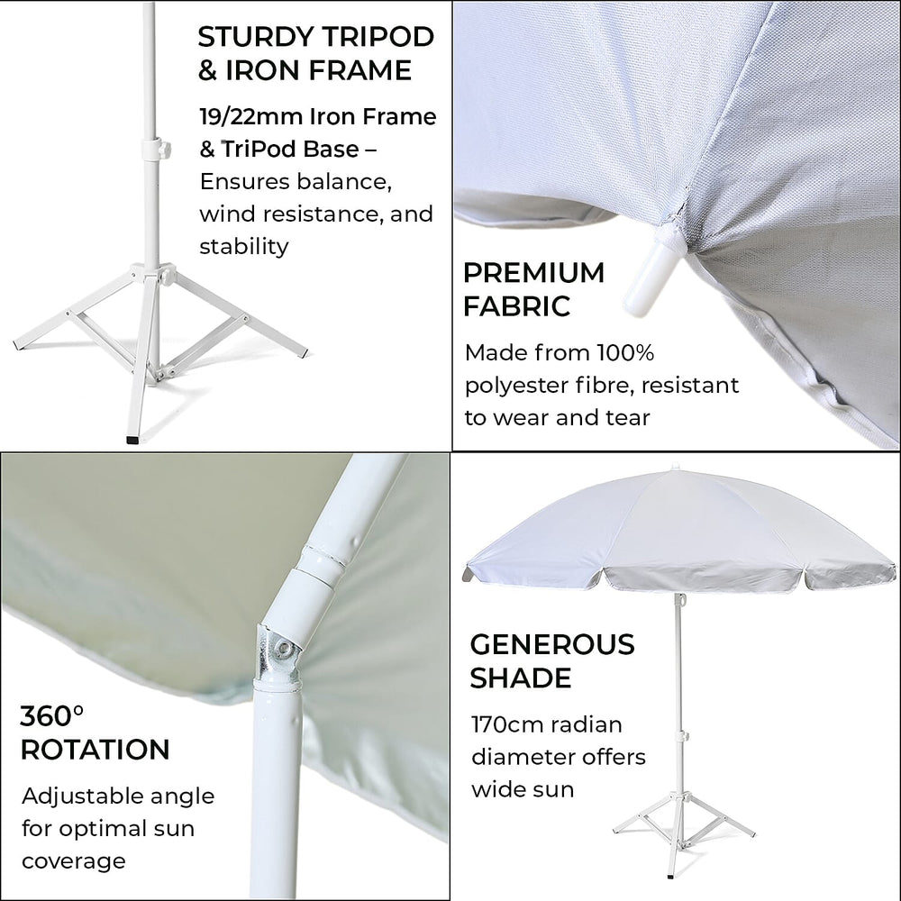 Solid colour Outdoor umbrella with tripod stand ( height from 1.2m to 1.8m) -  White