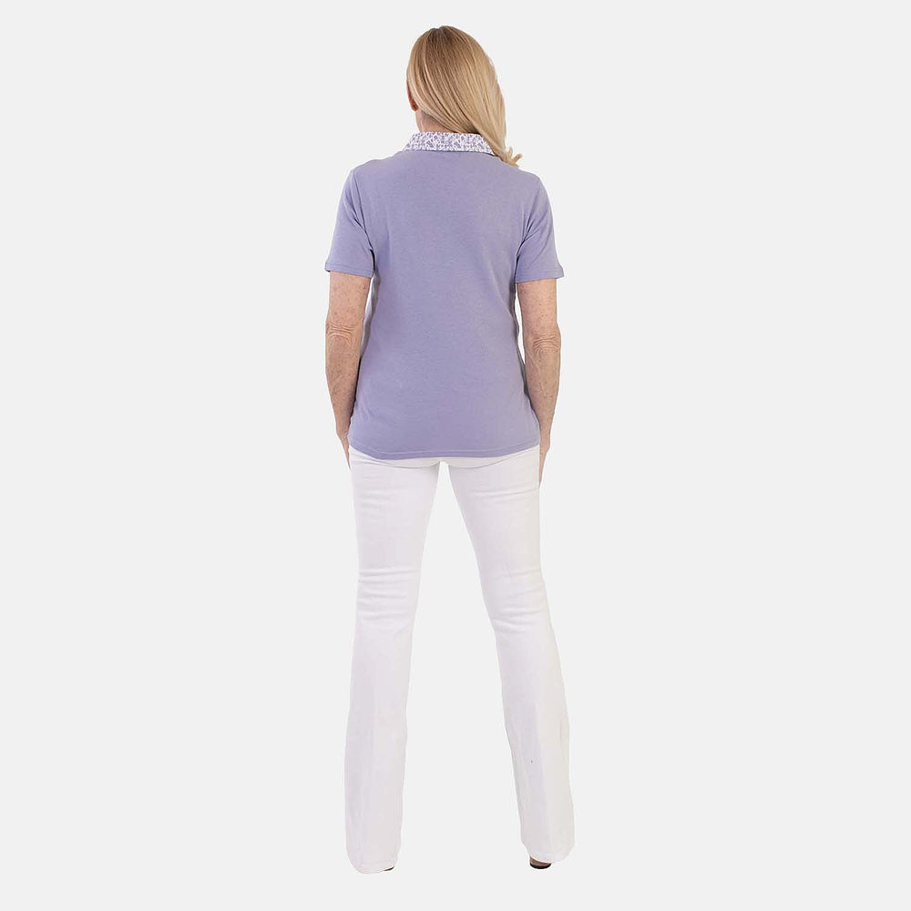 Beaumonde Ladies Short Sleeve Polo With Woven Floral Print Collar (Size M, 12 to 14) - Lilac