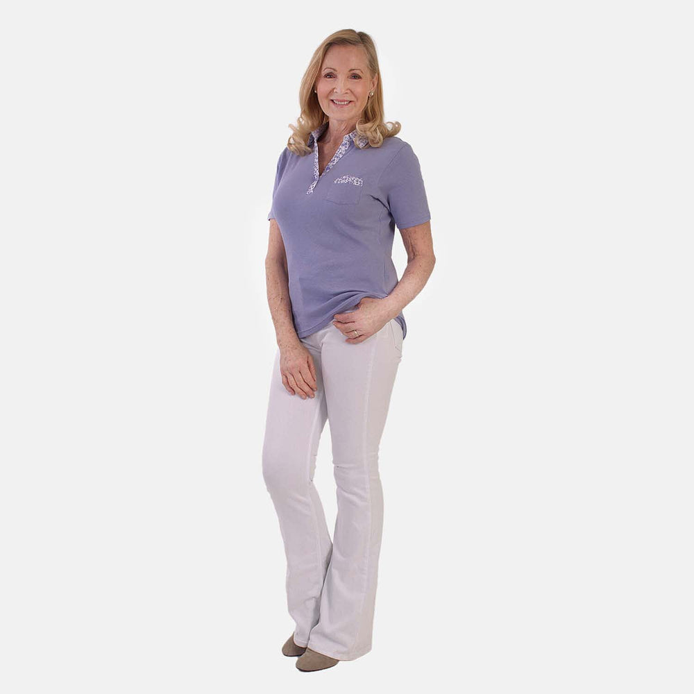 Beaumonde Ladies Short Sleeve Polo With Woven Floral Print Collar (Size XL, 20 to 22) - Lilac