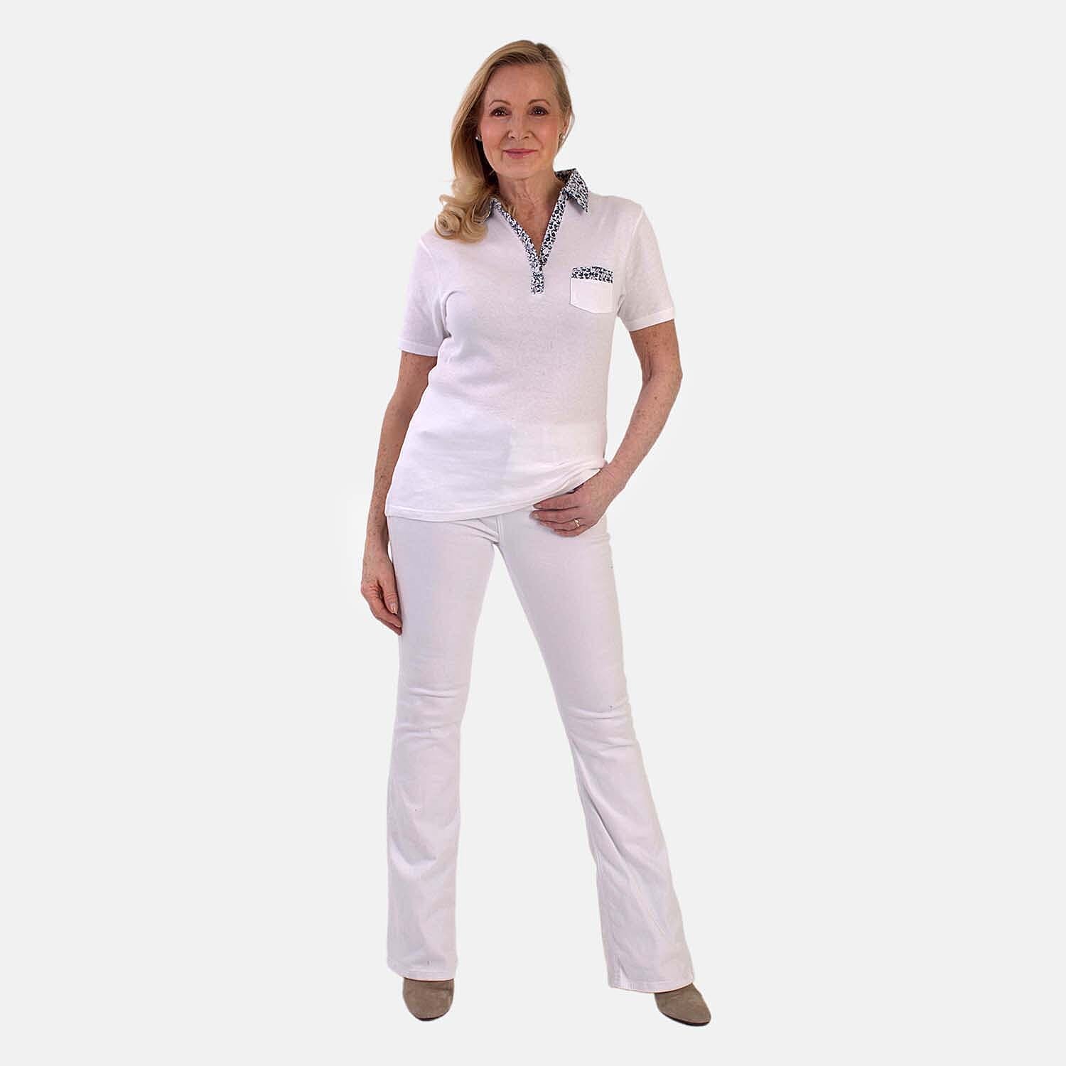 Beaumonde Ladies Short Sleeve Polo With Woven Floral Print Collar (Size S, 8 to 10) - White