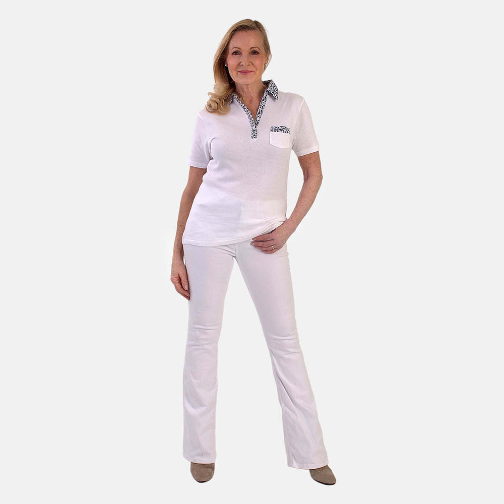 Beaumonde Ladies Short Sleeve Polo With Woven Floral Print Collar (Size XL, 20 to 22) - White