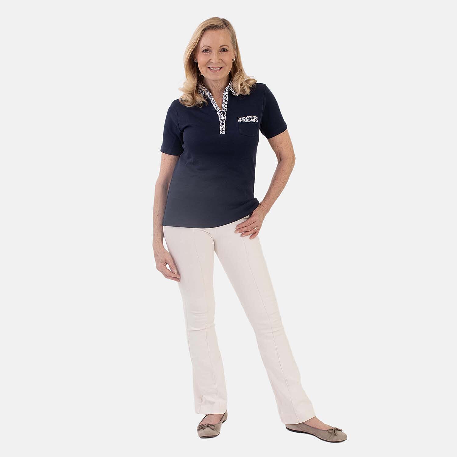 Beaumonde Ladies Short Sleeve Polo With Woven Floral Print Collar (Size L, 16 to 18) - Navy