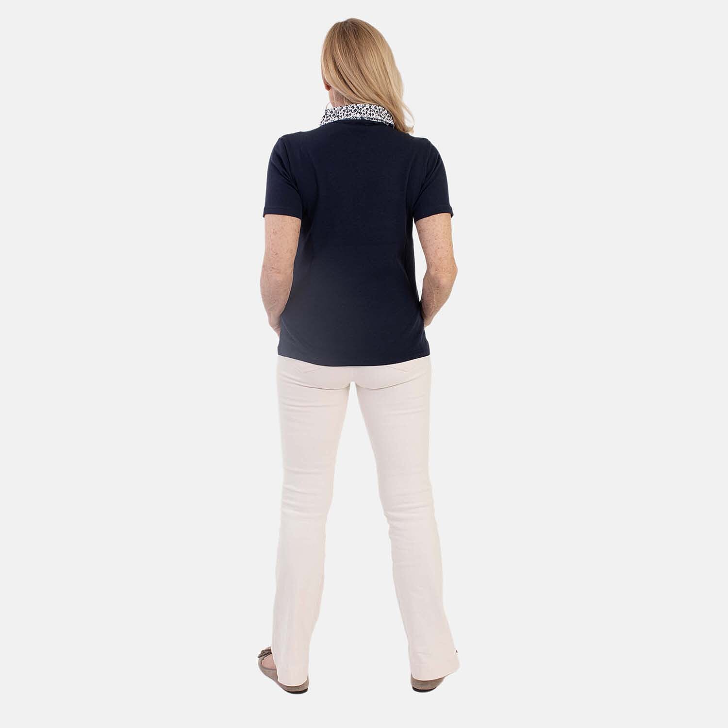 Beaumonde Ladies Short Sleeve Polo With Woven Floral Print Collar (Size S, 8 to 10) - Navy