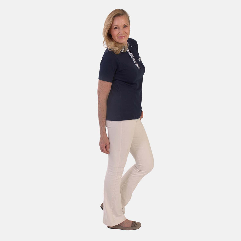 Beaumonde Ladies Short Sleeve Polo With Woven Floral Print Collar (Size XL, 20 to 22) - Navy
