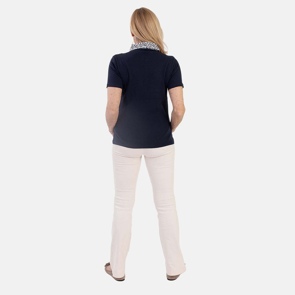 Beaumonde Ladies Short Sleeve Polo With Woven Floral Print Collar (Size XL, 20 to 22) - Navy