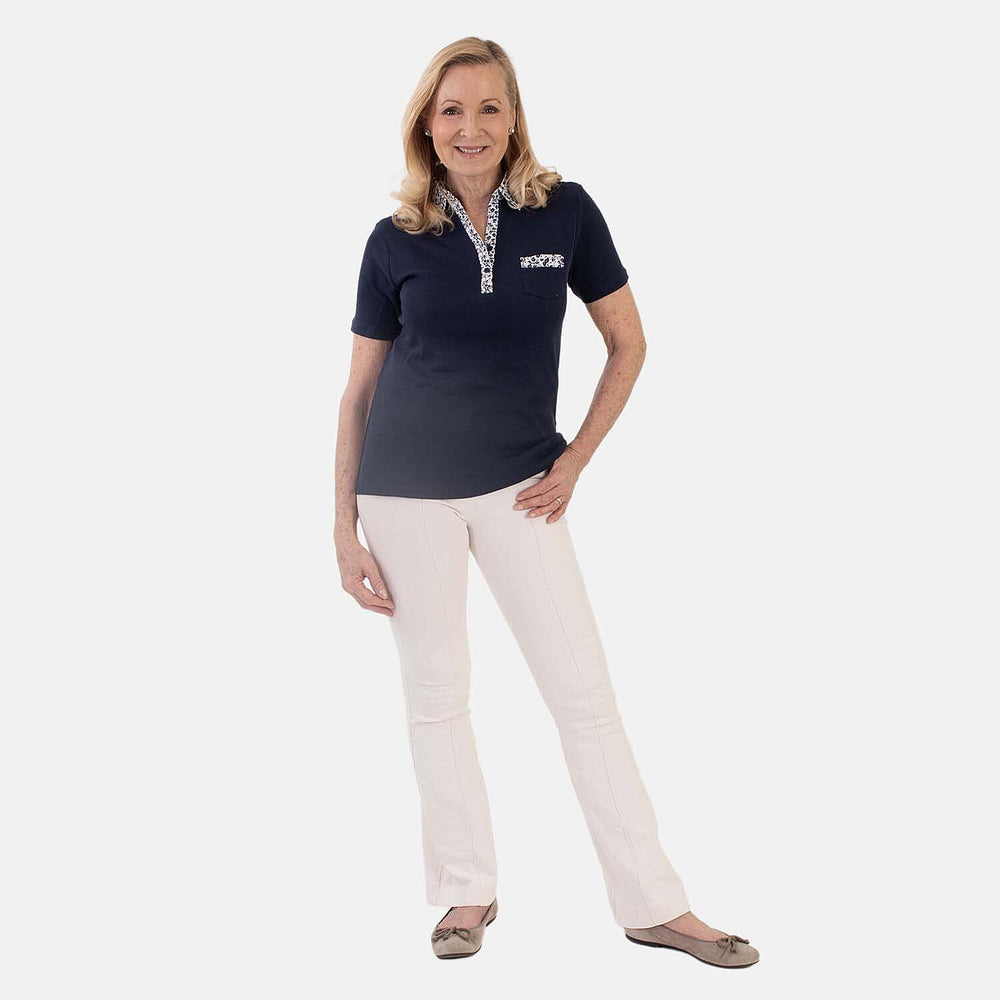 Beaumonde Ladies Short Sleeve Polo With Woven Floral Print Collar (Size XXL, 24 to 26) - Navy