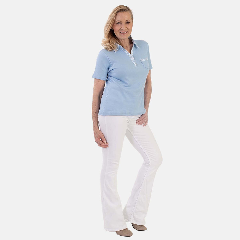 Beaumonde Ladies Short Sleeve Polo With Woven Floral Print Collar (Size S, 8 to 10) - Sky Blue