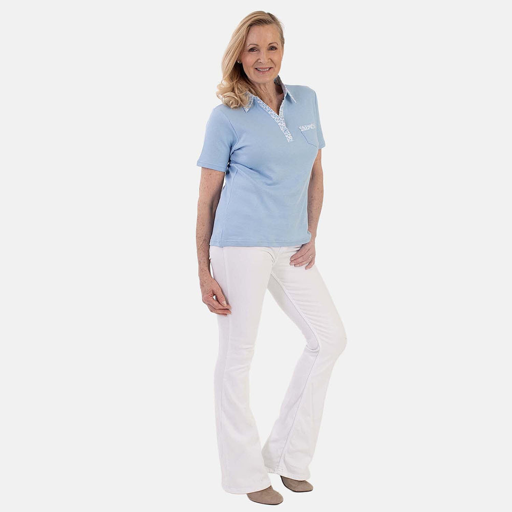Beaumonde Ladies Short Sleeve Polo With Woven Floral Print Collar (Size XL, 20 to 22) - Sky Blue