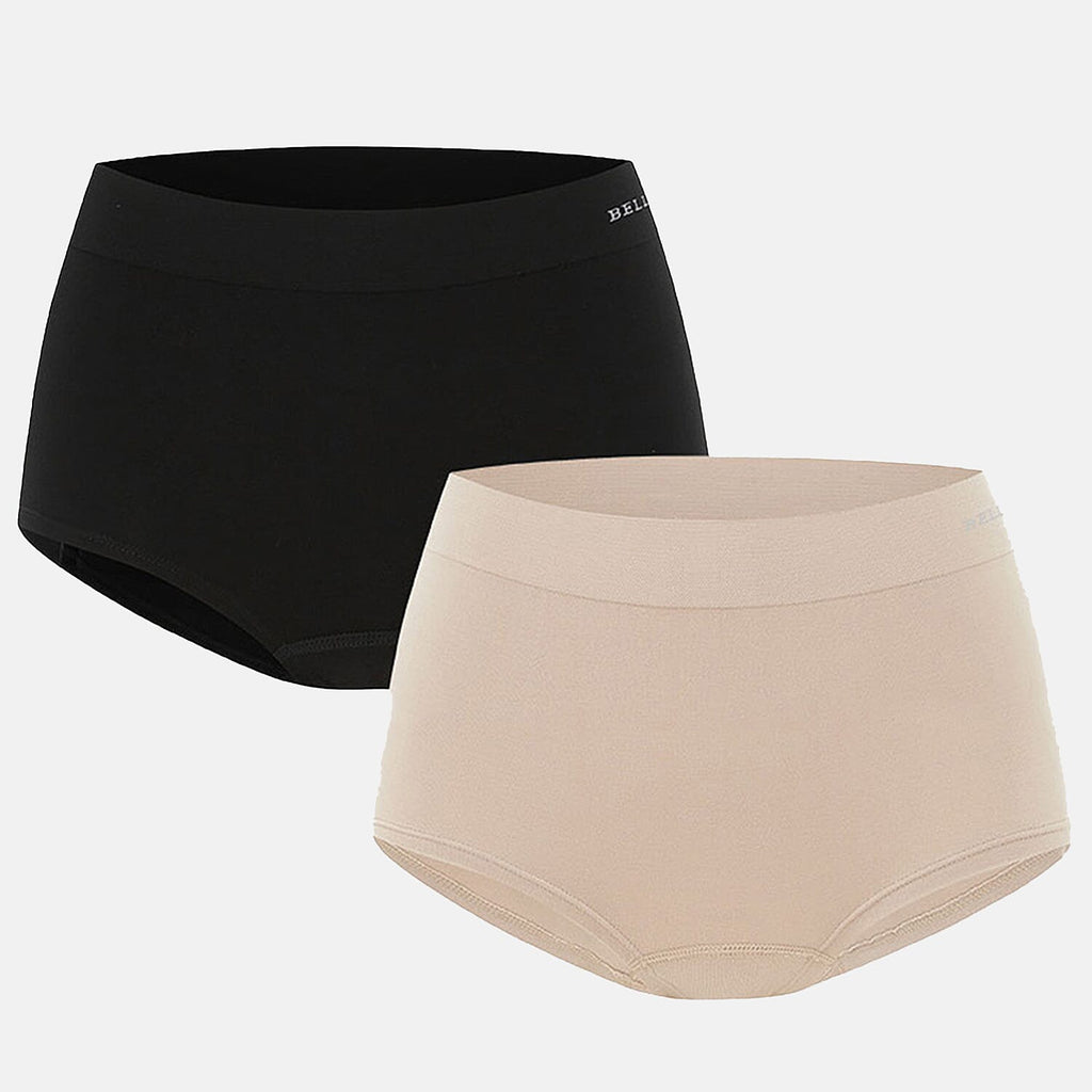 Bella Bodies Pack of 2 - Seamless Full Coverage Bamboo Girlshort (Size L) - Black - Sand