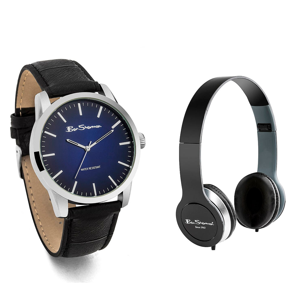 Ben Sherman Black Leather Strap Water Resistant Watch with Headphone Set