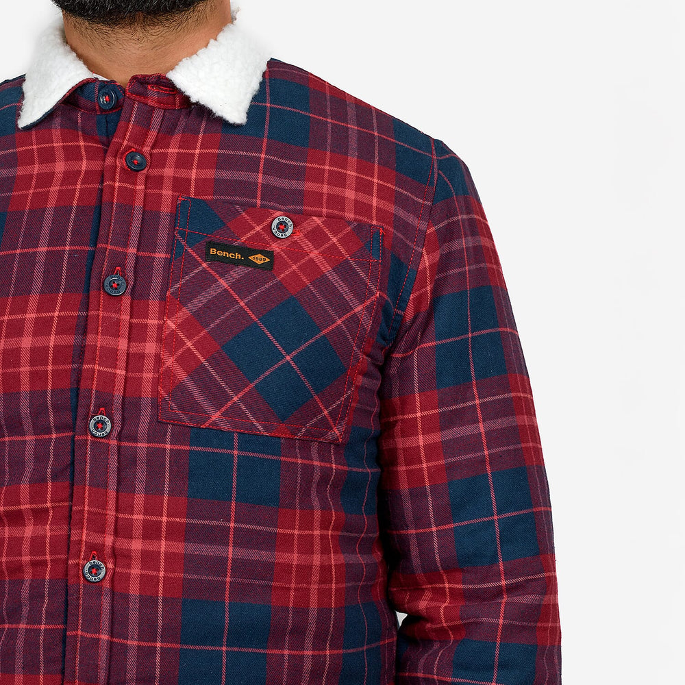 Bench Men’s Padded Check Shacket – 100% Cotton with Sherpa Collar