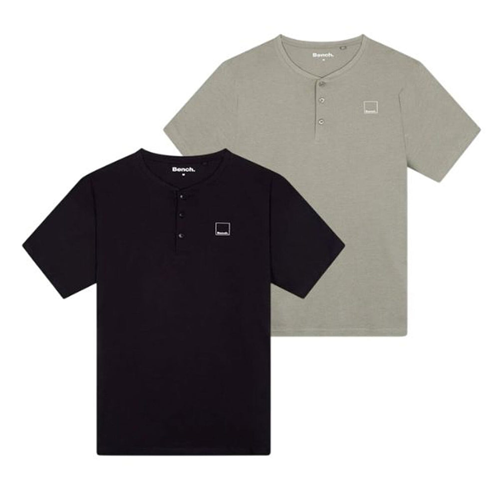 Bench Mens Pack Of 2 - 100% Cotton Crewneck 3 Buttton Henley Tee (Size - M) - Black - Stone