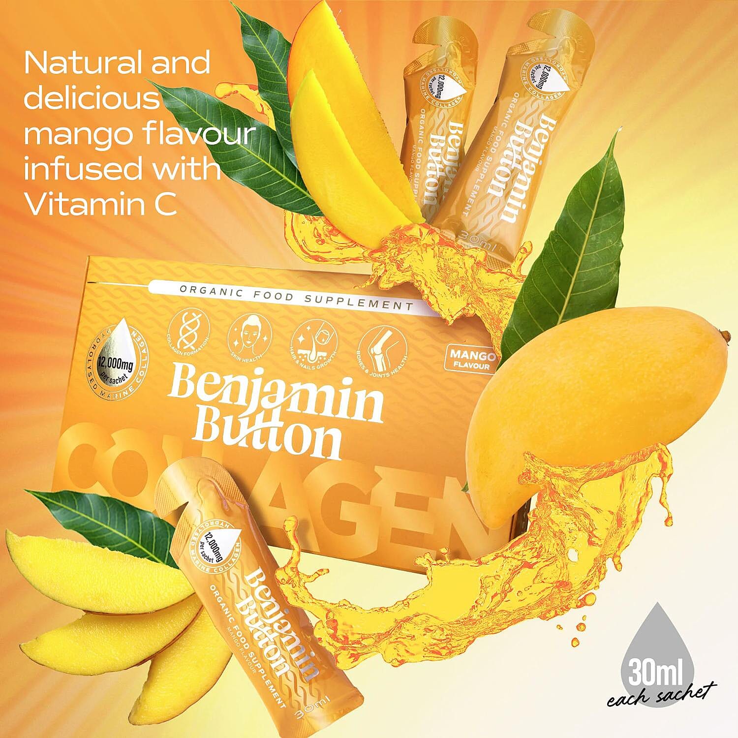 Benjamin Button Marine Collagen Liquid Sachets - Mango Flavour (14 Sachets x 12,000mg)