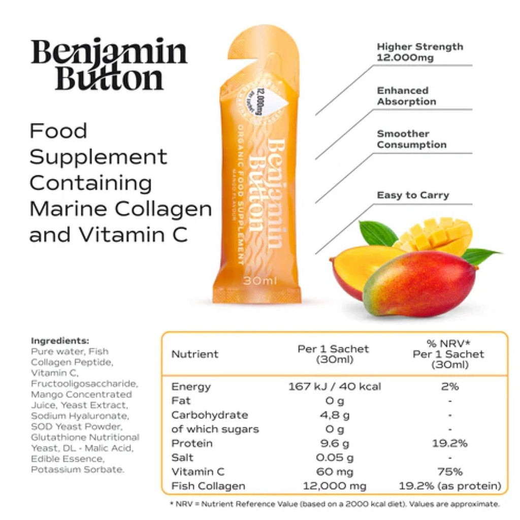 Benjamin Button Marine Collagen Liquid Sachets - Mango Flavour (14 Sachets x 12,000mg)