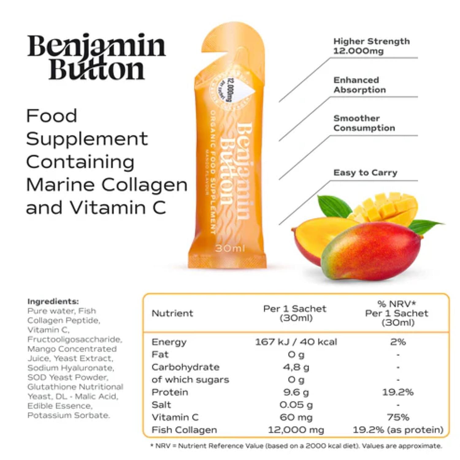 Benjamin Button Marine Collagen Liquid Sachets - Mango Flavour (14 Sachets x 12,000mg)