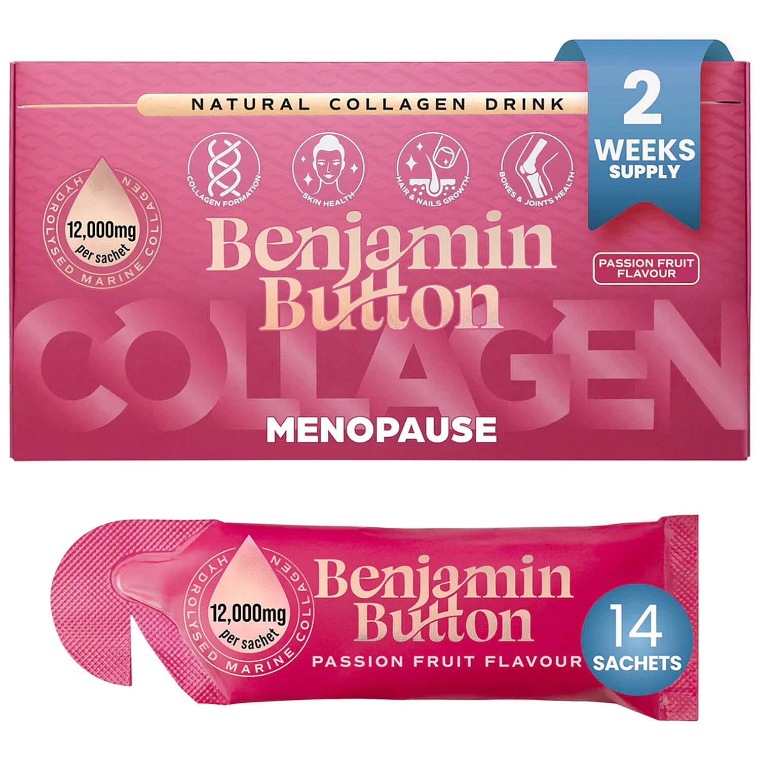 Benjamin Button Menopause Collagen Passionfruit Sachets - 14 Pack (2 Weeks Supply) 12,000mg