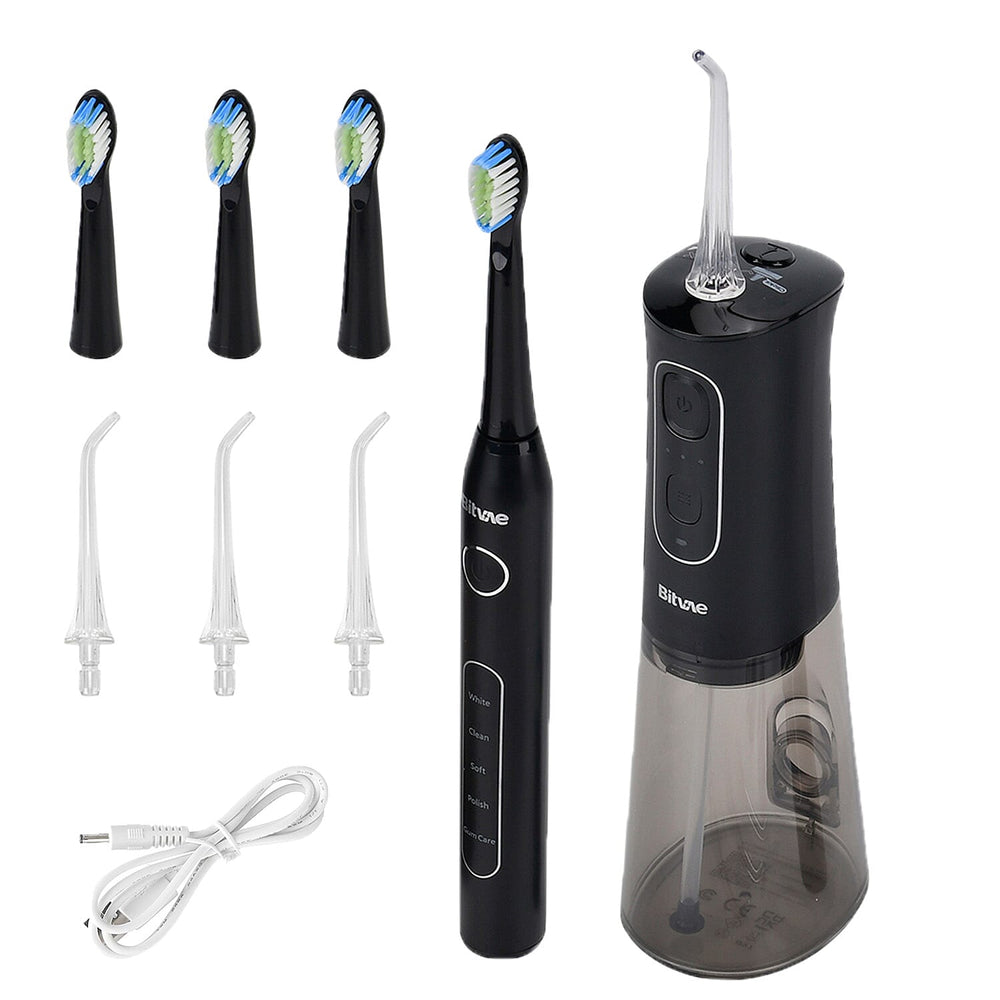 Bitvae Set of Sonic Toothbrush With 4 Replacement Heads, 5 Modes & Smart Timer With Water Flosser With 4 Replacent Heads - Black