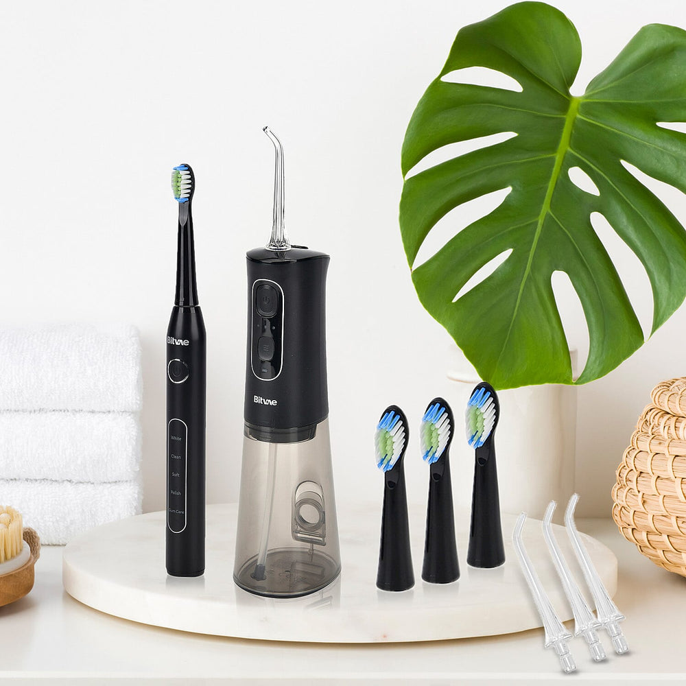 Bitvae Set of Sonic Toothbrush With 4 Replacement Heads, 5 Modes & Smart Timer With Water Flosser With 4 Replacent Heads - Black
