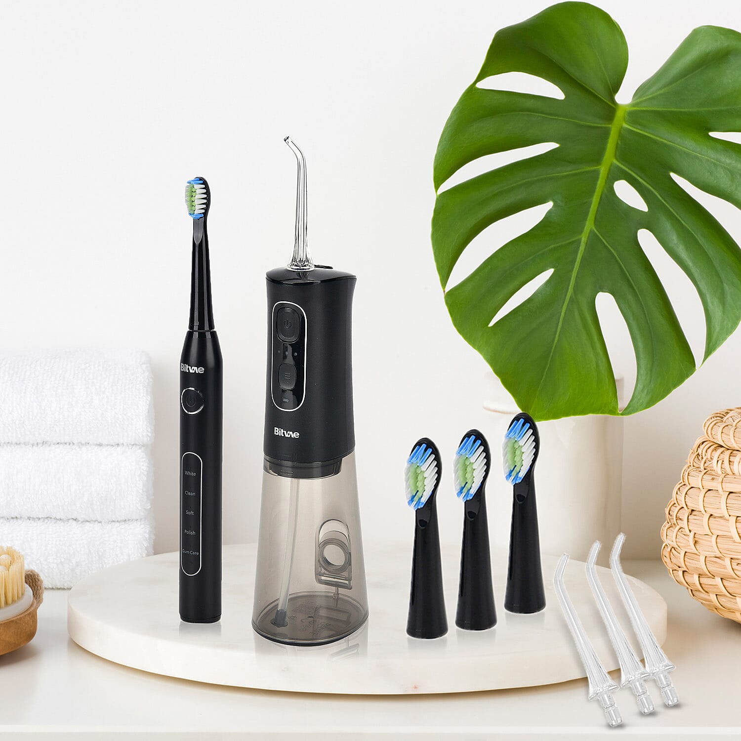 Bitvae Set of Sonic Toothbrush With 4 Replacement Heads, 5 Modes & Smart Timer With Water Flosser With 4 Replacent Heads - Black