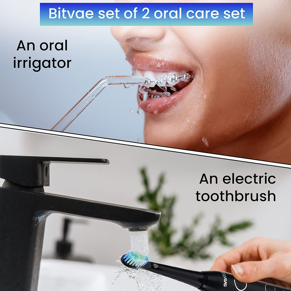 Bitvae Set of Sonic Toothbrush With 4 Replacement Heads, 5 Modes & Smart Timer With Water Flosser With 4 Replacent Heads - Black